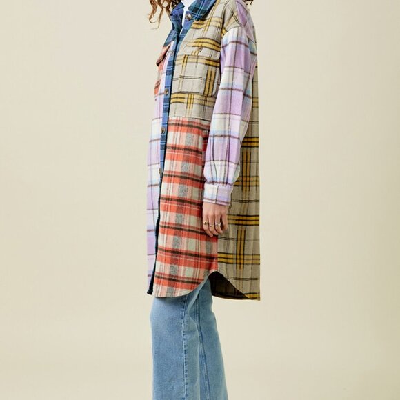 MYSTREE MIXED PLAID COLOR BLOCK LONG JACKET - Picture 5 of 7